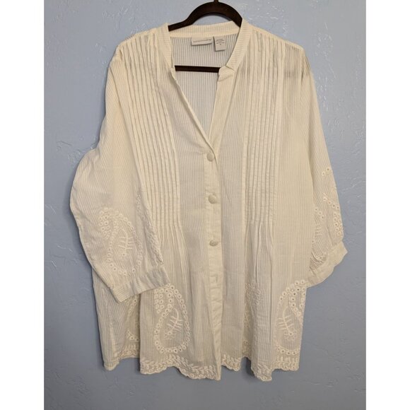 Soft Surroundings 1X White Pintuck Button Down Blouse Embroidered 3/4 Sleeves - Picture 1 of 13